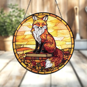 Fox And Book Stained Glass Suncatcher, Literary Inspired Window Hanging, Fox Stained Glass Decor, Nature Wildlife Art, Book Lover Gift