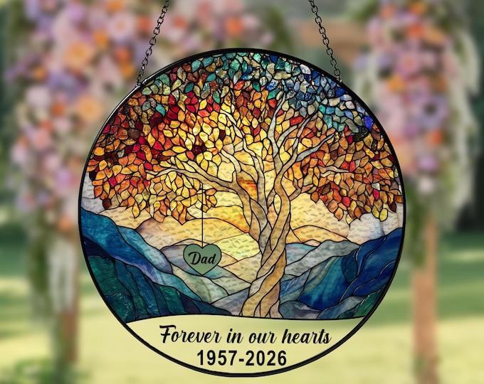 Personalized Memorial Suncatcher: Stained Glass Heart Tree, Loss of Parents Gift