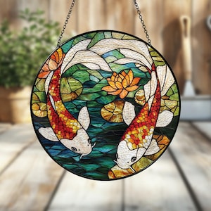 Koi Fish Stained Glass Suncatcher, Koi Fish Glass Window Hanging, Koi Fish Art Decor, Japanese Koi Fish Window Hanging Ornament