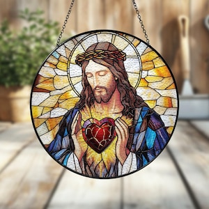 Sacred Heart Of Jesus Stained Glass, Jesus Window Hanging, Glass Suncatcher Of Faith, Christian Gift, Religious Decor For Christian