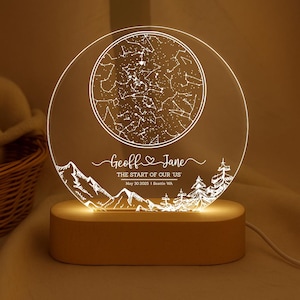 Op de afbeelding: Een gepersonaliseerd nachtlampje met een cirkelvormig, transparant acrylontwerp. Het ontwerp toont een sterrenkaart, bergen en bomen, met de namen "Geoff & Jane" en de tekst "THE START OF OUR US" en datum en locatie. De basis is van hout.
