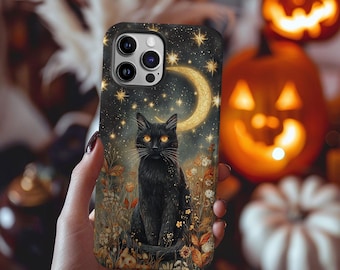 Gothic Black Cat Moon Phone Case: Witchy Celestial iPhone Samsung Cover