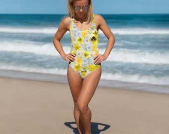 All-over printed 1-piece swimsuit - White Yellow Flowers