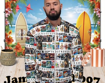 May include: A white bomber jacket with a colorful pattern of James Bond movie posters. The jacket has a zipper closure and long sleeves. The background is a tropical scene with a surfboard and palm trees.
