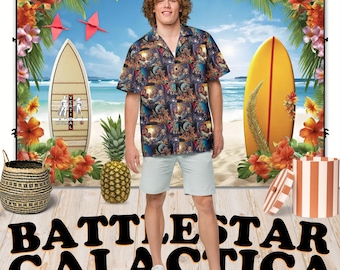 Battlestar Galactica - Hawaiian Aloha Shirt Short Sleeve - Both Series - Gift Idea, Vintage Style, Men's Women's Kids Fashion