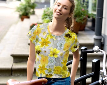 All-over printed Crop-Top T-shirt - White Yellow Flowers