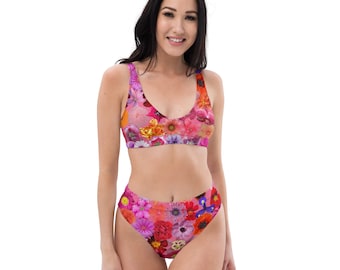 Eco-responsible high-waisted all-over printed swimsuit bottoms - Red Orange Purple Flowers