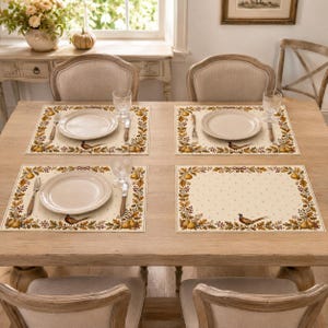 Peut inclure: Un ensemble de quatre sets de table rectangulaires avec un centre crème à motif pointillé subtil, entouré d'une bordure de feuilles d'automne, de poires et de faisans. Chaque set est disposé avec une assiette en céramique blanche, une fourchette et un couteau.