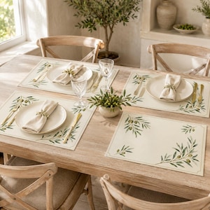 Sets de table motif branche d'olivier, décoration de table minimaliste méditerranéenne, sets de table 45,7 x 30,5 cm aspect lin, décoration de table verte, lot de 4 ou 6