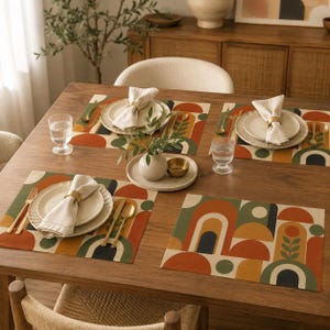 Retro geometrische placemats, mid-century moderne eetkamerdecoratie, 45 x 30 cm placemats met linnenlook, tafeldecoratie uit de jaren 70, set van 4 of 6