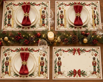 Nutcracker Christmas Placemats, Vintage Holiday Dining Decor, 18x12 Inch Faux Linen-Look Table Mats, Red Bow Decor, Set of 4 or 6