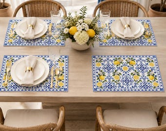 Blue Tile Lemon Placemats, Mediterranean Citrus Dining Decor, 18x12 Inch Faux Linen-Look Table Mats, Italian Table Decor, Set of 4 or 6