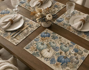 Blue Pumpkin Placemats, Vintage Fall Botanical Dining Decor, 18x12 Inch Faux Linen-Look Table Mats, Thanksgiving Decor, Set of 4 or 6