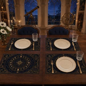 May include: A set of four rectangular placemats featuring a dark blue celestial design with gold-coloured moon phases, stars, and constellations. Each placemat is set with a plain white plate, a silver-toned fork, a knife, and a clear glass.