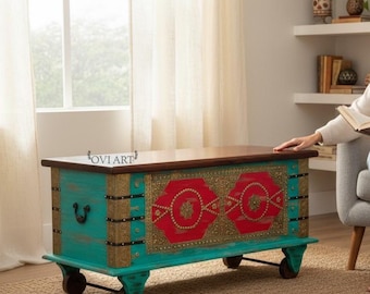 Baúl de madera de mango tallado a mano: Baúl de mantas estilo bohemio