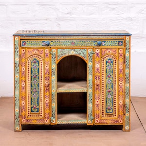 Holzschrank | Florales Design Handbemaltes Rajasthani Holz Sideboard | Boho Chic Konsolen Aufbewahrungskiste aus Holz
