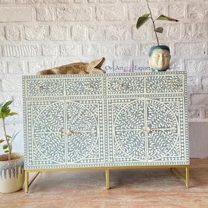 Wooden Bone Inlay floral Design Buffet Table Gray,Bone Inlay Storage Unit,Living Room 2 Drawer/4 Door Cabinet,Inlay Tv. Unit, Home Furniture