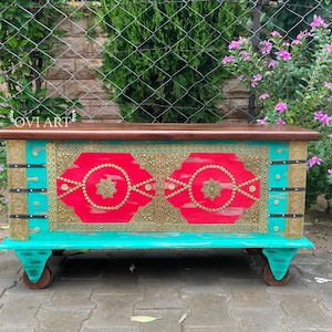 Wooden Farmhouse Trunk, Boohoo Style Brass Fitted Wooden Chest,Blanket Box,Large Wooden Storage Trunk