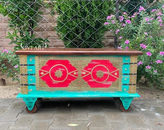 Wooden Hand-Carved Mango Wood Trunk: Boho Farmhouse Blanket Box