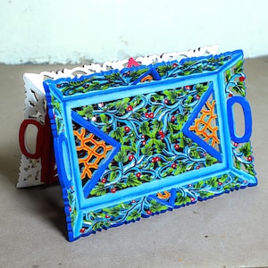 Hand Painted Tray, Colorful Boho Wooden Serving Tray with Rajasthani Folk Art for Tea, Cocktail Dining Table Use, Unique Housewarming Gift