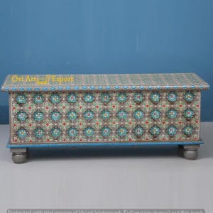 Wooden Painted Floral Blanket Chest/Trunk Box,Boho Style Living Room Storage Box, Farmhouse Blanket Box