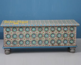 Painted Floral Blanket Chest, Solid Wood Storage Coffee Table Trunk