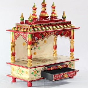 Modern Beautifully Crafted Puja Mandir In Solid Wood,Painted Accents,Wooden Temple, Hanging Pooja Ghar Mandap For Worship Home Decor Art
