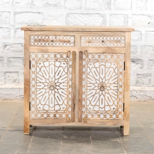 Wooden Cupboard Sideboard, Living Room Cabinet with Floral Mandala Carving – Solid Wood Entryway Dresser, Accent Chest & Storage Buffet