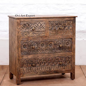 Wooden Cupboard with Floral Mandala Carving – Modern Sideboard & Entryway Dresser Living Room Cabinet
