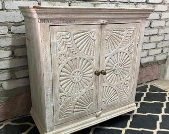 Aparador de madera tallado a mano, armario de 2 puertas para decoración del hogar