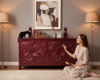 Aparador de madera tallada a mano, muebles indios negros