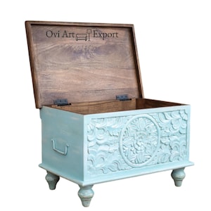 Wooden Carved Keepsake Box, Farmhouse Blanket Box, Wooden Carved Floral Blanket Chest,Boho Style Living Room Storage Box