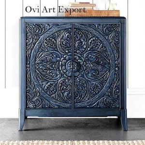 Wooden Almirah Cabinet with Floral Carved Navy Mandala - Bohemian Sideboard & Entryway Dresser