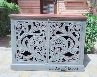 Mesita de noche/armario de madera maciza de mango tallada, alacena pulida, mesita de noche/aparador para sala de estar