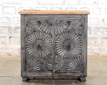 Mueble de madera de mango tallado a mano: Cómoda con detalles de mandala floral negro