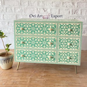 Bone Inlay 6-Drawer Sideboard with Bone Arrow Pattern, Wooden Buffet Cabinet With Iron Legs, Modern Inlay Dresser Furniture