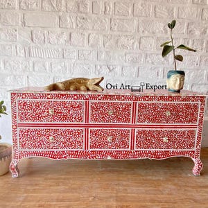 Modern Luxury Furniture, Mother of Pearl Inlay Wooden Chest of 6 Drawers,Red Floral Cabinet, Living Room Bedside Nightstand, Bedroom Storage