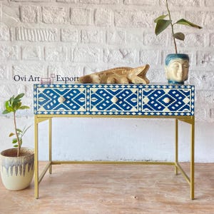 Luxury Bone Inlay Console Table with Mother of Pearl Floral Inlay, 3 Drawers Blue Desk, Entryway Laptop & Side Table, Living Room Furniture