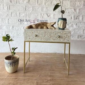 Wooden Mother of Pearl Inlay Floral 2 Drawer Work Desk , Luxury White Laptop Table for Living Room ,Inlay Design Console Furniture