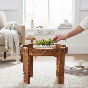 Wooden Handicraft Carved Mango Wood Chakki Table, Natural Round Coffee Table Home Decor