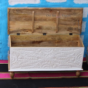 Wooden Carved Blanket Box, Trunk Box,Carved Storage Coffee Table Trunk (White Distress),Living Room Storage Blanket Box,Wooden Chest Blanket