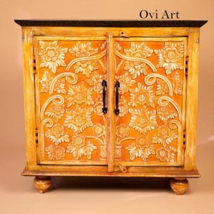 Wooden Boho Nightstand with Orange Accent | Handcrafted Indian Bedside Cabinet & Sideboard Chest