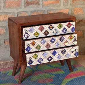 Wooden Hand-Painted Multicolor Embossed Tiles Boohoo Chest of Drawers, Multicolor Accent Cabinet, Distressed White Floral Sideboard