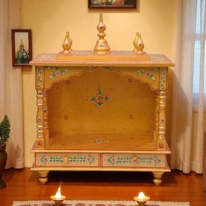 Wooden Temple Puja Mandir In Solid Wood, Painted Accents, Wooden Temple, Hanging Pooja Ghar Mandap For Worship Home Decor Art