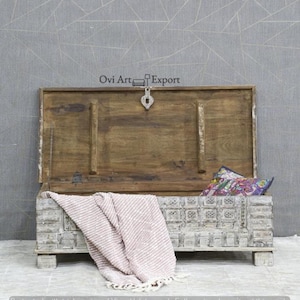 Wooden Hand‑Carved Blanket Chest | Mango Wood Hope Chest, Whitewashed Floral Trunk, Boohoo Entryway Bench, Farmhouse Storage Coffee Table