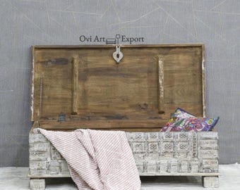 Hand-Carved Mango Wood Blanket Chest | Whitewashed Floral Trunk