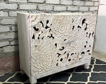 Mueble de madera con diseño floral tallado a mano, baúl blanco, aparador floral, mesita de noche