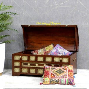 Wooden Brass Hope Chest Blanket Box with Floral Design, Farmhouse Storage Trunk , Boohoo Entryway Bench Coffee Table
