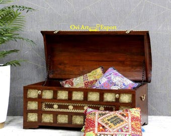 Floral Design Wooden Hope Chest, Brass Farmhouse Blanket Box