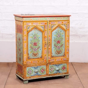 Holzschrank mit Schubladen, indischer handbemalter Blumenschrank, Aufbewahrungsschrank & gemalt, Wohnzimmerschrank